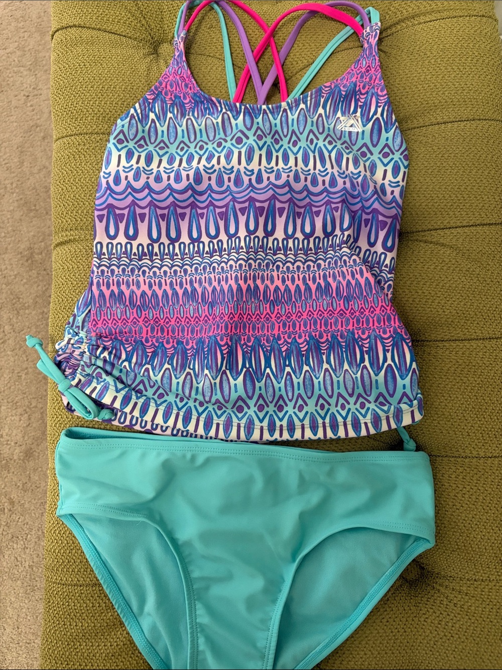 Kids Strappy Tankini Set in Aqua and Multicolor - zeroXposur 10/12